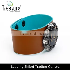Wide Leather Bangle With Delicate Rhinestone Watch Shape Charm Bangle Jewelry for Unisex New Design in 2016 thumbnail-4