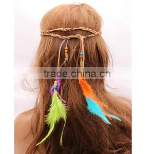 Women Girl Bohemian Boho Fashion Handmade Multicolor Feather and Gold Leaves Pendants Hairband thumbnail-1