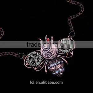 2015 Yiwu Fashion Jewelry Hot Sale Steampunk Bee Gear Pendant With Crystal Statement Necklace Red Copper thumbnail-4