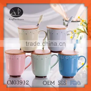 Porcelain Ceramic Type and Mugs Drinkware Type Ceramic Mug Wit,Promotional Full Printing Porcelain Mug With Bamboo Lid and Spoon thumbnail-1