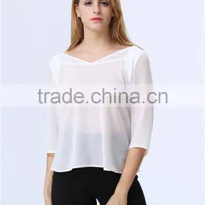 See-through White Chiffon Three Quarter Sleeve Casual Loose Blouse/Top for Ladies/Women thumbnail-5