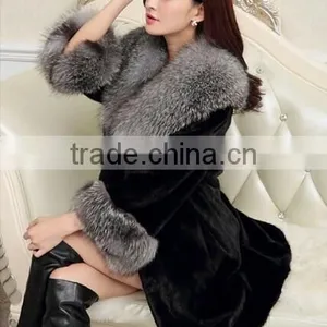 Hotest Style Ladies' Long Imitation Mink Fur Overcoat With Silver Fox Fur Collar thumbnail-1