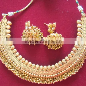 GOLD PLATED TEMPLE DESIGN Necklace JHUMKA EARRING Set thumbnail-2