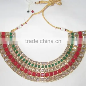 Crystal Maroon GreenDesigner Necklace Earring Set thumbnail-1