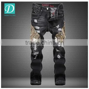 New Stytlish Men Sequin Gold Wings Slim Straight Trousers Ripped Frayed Jeans thumbnail-1