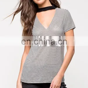 Custom Wholesale V-neck and Back Cotton Striped t Shirt for Women thumbnail-4