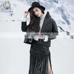 Cool Style Black Genuine Leather Jacket Women's Merino Sheepskin Fur Coat Punk Real Fur And Leather Jacket thumbnail-2