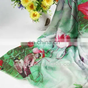 Green Color Lotus Pattern Digital Printing Wool Scarf thumbnail-1