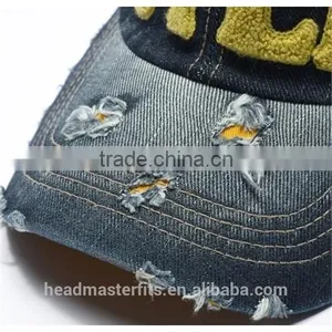Custom Plain Broken Hole Wash Denim Sport Caps for Sale Distressed Baseball Caps thumbnail-2