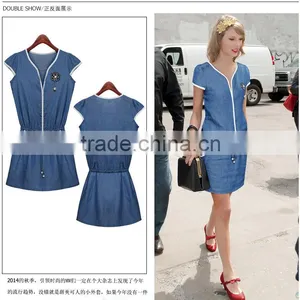 2015 Casual Women Newest Denim Dress High Qality Sleeveless Ladies Fashion Denim Dress With Flower thumbnail-1