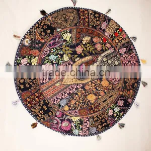 Black Ethnic Decorative Big Round Pillows Indian Cushion Covers Cotton Table Cover Table Mat Big Floor Round Throw Pillow Covers thumbnail-1