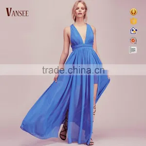 Plain Dye Blue Tunic Skirt Elegant Backless Sleeveless Evening Dress thumbnail-1