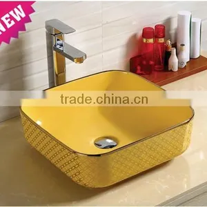 Beautiful White Bathroom Ceramic Vanity Golden Color Counter Top Basin thumbnail-2
