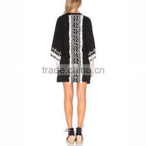 Trade Assurance Woman Overcoat Wide Sleeve Embroidered Black Kimono With Fringe thumbnail-4