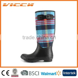 Colorful Lattice Comfortable Fashion Woman Lady China Fabric Rubber Rain Boots With Buckle thumbnail-1