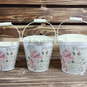 Hot Selling S/3 Antique Flower Dacal Pail, Flower Metal Bucket thumbnail-1