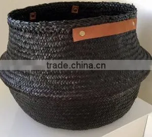 Black Seagrass Basket With Leather Handles/ Seagrass Basket for Home Decoration thumbnail-1