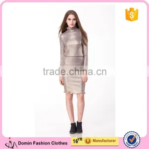 2017 New Arrival Metallic Gold Knitted Sweater Long Sleeve Hight Neck Tight Fit Pullover & Skirt Co-ord Set thumbnail-1