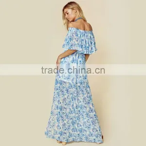 Peony Blue Floral Mumu Dresses 2018 Womans off Shoulder Maxi Dress thumbnail-4