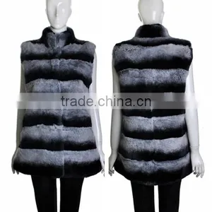 YR247 Genuine Rex Rabbit Chinchilla Dyed Fur Waistcoat Long Fur Gilet thumbnail-1