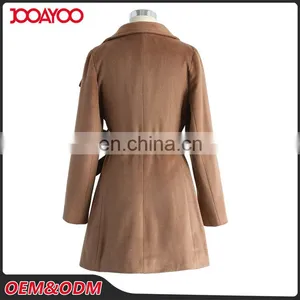 Women's Winter Long Coat Wide Collar Long Sleeve Belted Wool Blend Coat in Tan thumbnail-3