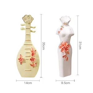 Creative Chinese Classical Cheongsam Lute Yellow White Ceramic Vase For Coffee Shop Decor thumbnail-5