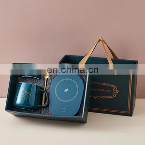 220V Custom Logo Emerald Reusable Luxury Ceramic Coffee Cups Mugs Manufacturer Gift Box Set With Water Heater thumbnail-1