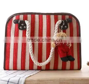 Ladies Fashion Blue Stripe Beach Straw Bag thumbnail-3