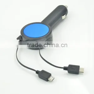 New Design Protable 3.1A Car Battery Charger With Double Retractable Built-in Cable for Iphone/samsung/Type-C/htc/blackberry thumbnail-2