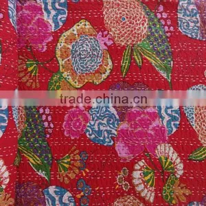 Red Tropical Queen Size Bedspread, Handmade Cotton Kantha Quilt, Reversible Designer Bedding, Room Decor, Indian Kantha Work thumbnail-3