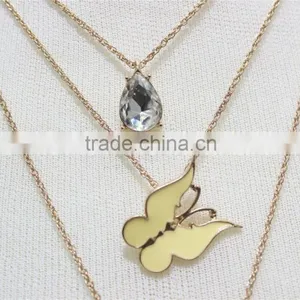 Gold Chain Layered Set Necklace W/Clear Teardrop Diamond Yellow Butterfly Metal Necklace 2016 Fashion Style Wholesale thumbnail-3