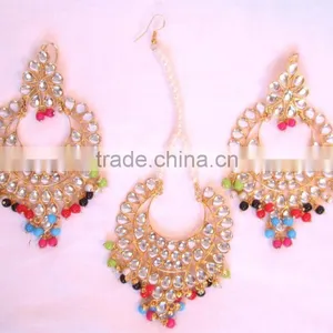 JADAU KUNDAN GOLD PLATED Multicolor Dangler EARRINGS TIKA SET Real Look thumbnail-2