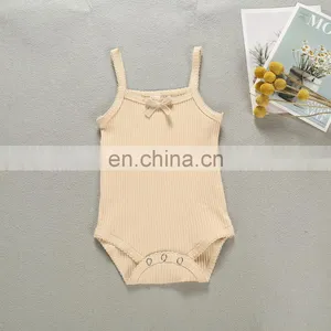 Infants & Toddler Solid Color Spring Autumn Lace Edge Slip Knitted Cotton Romper thumbnail-6