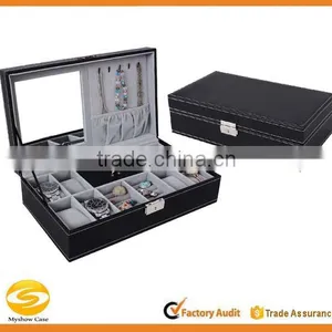 Black Leather Jewelry Box Watch Organizer Storage Case With Lock & Mirror thumbnail-1