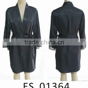 Comfortable Women Black Satin Lace Robe thumbnail-1