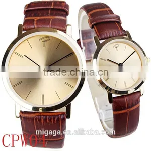 Concise 2 Hands Analog Men Women Thin Casual Couple Watch Leather thumbnail-2