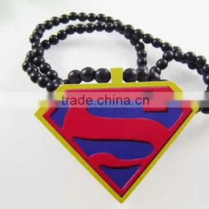 Hip Hop Superman Symbol Wood Necklace With 36 Inches Wood Beaded Chain thumbnail-1