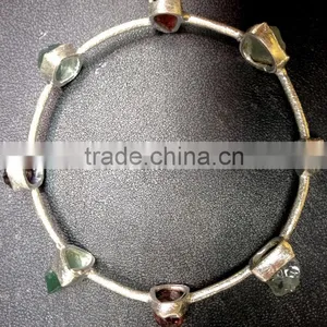 Rough Garnet and Aquamarine Gemstones 925 Sterling Silver Bangle thumbnail-2