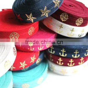 5/8" Fold Over Elastic Red With Gold Stars - Pattern, Metallic, Printed Elastic Band thumbnail-5