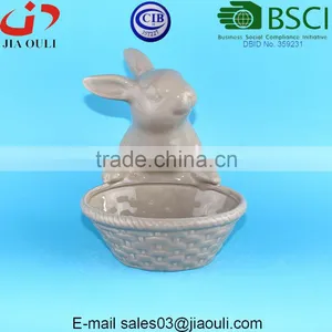BSCI Audit Factory Popular Easter Decorations Ceramic Bunny With Basket , Lovely Rabbit Figurines thumbnail-2