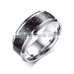 8mm Red Carbon Fiber Cheap Wholesale Men Stainless Steel Ring thumbnail-1