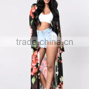 Kimono Duster Cardigan Top Open Front Bell Sleeves Floral Printed Mesh Duster For Women thumbnail-2