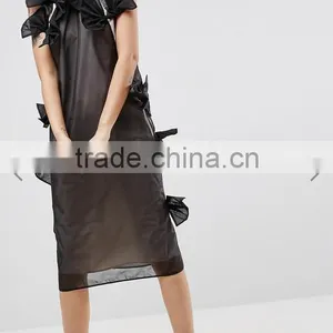 Summer Dress For Women Black Lightweight Organza Contrast Lining Crew Neck Bow Detail Midi Organza Dress thumbnail-4