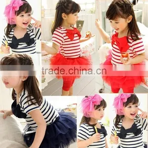 S80003T Summer Fashion Striped Bowknot T-shirts+ Lace Culottes , Children Clothing Sets 2-5 Years Kids Clothing Sets thumbnail-3