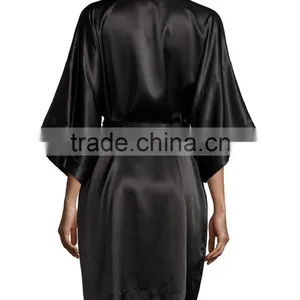 Contrast-Trimmed Silk Kimono Robes Night Gown Satin Bathrobe thumbnail-2