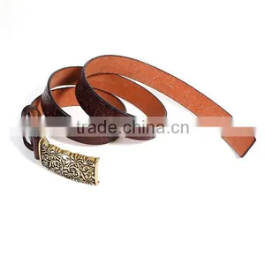 Cowhide Leather Belt Waistband Rectangle Antique Bronze Dark Coffee Flower Leaves Carved thumbnail-3