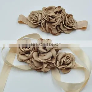 Natural Blossom Bridal Sash Matching Headband Set With Cream Beige Floral Hair Piece Photo Prop thumbnail-3