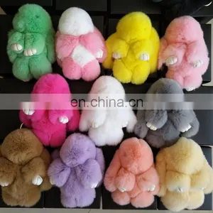 100% Real Wholesale Bunny Keychain Rex Rabbit Fur Pom Pom Keychain thumbnail-3