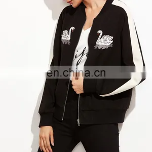 MIKA7139 White Striped Sleeve Swan Embroidered Bomber Jacket thumbnail-3