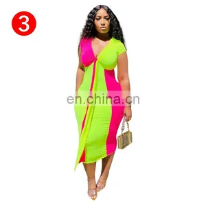 Summer Women Elegant Two Color Patchwork Tie Up V-neck Bodycon Midi Pencil Dress Night Club Sexy Party Dresses Vestidos 3 Colors thumbnail-5